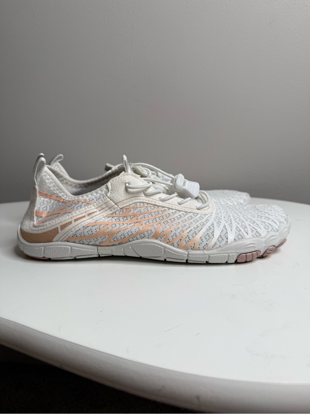 White Knit Slip-On Barefoot Hiking Sneakers with Pink and White Detail - Picture 2 of 7